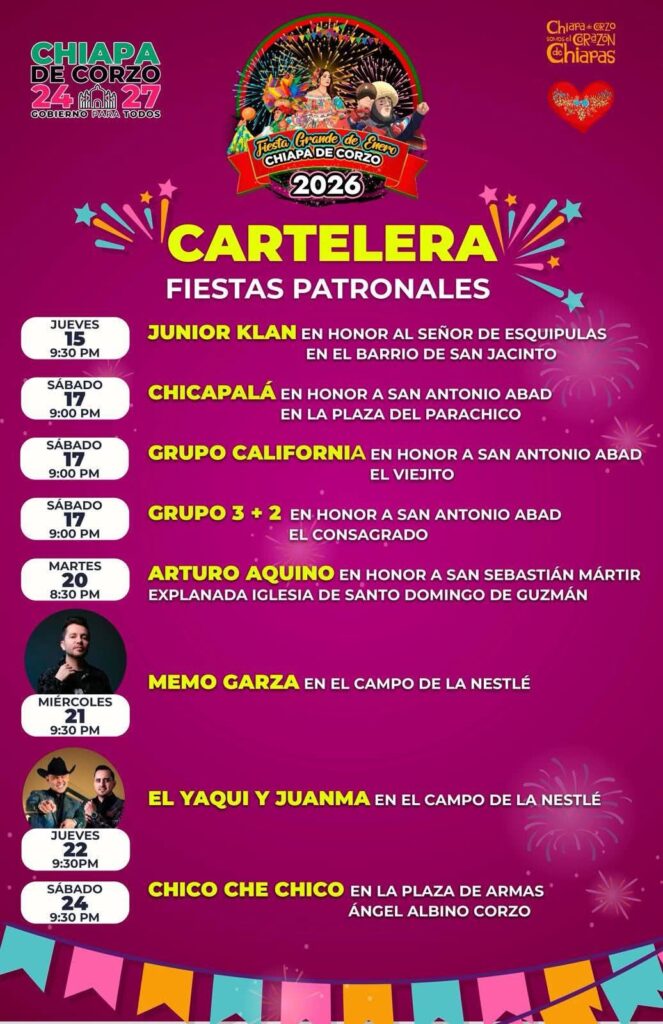 cartelera fiestas patronales chiapa de corzo 2026